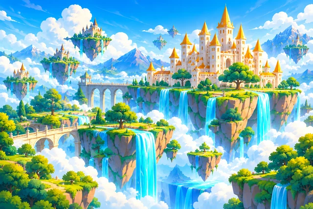 Dreamward concept artwork: a bright castle above floating islands and waterfalls