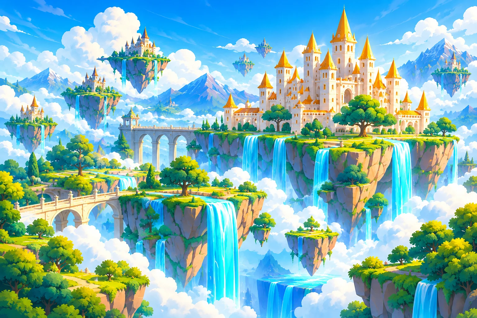 Dreamward concept artwork: a bright castle above floating islands and waterfalls