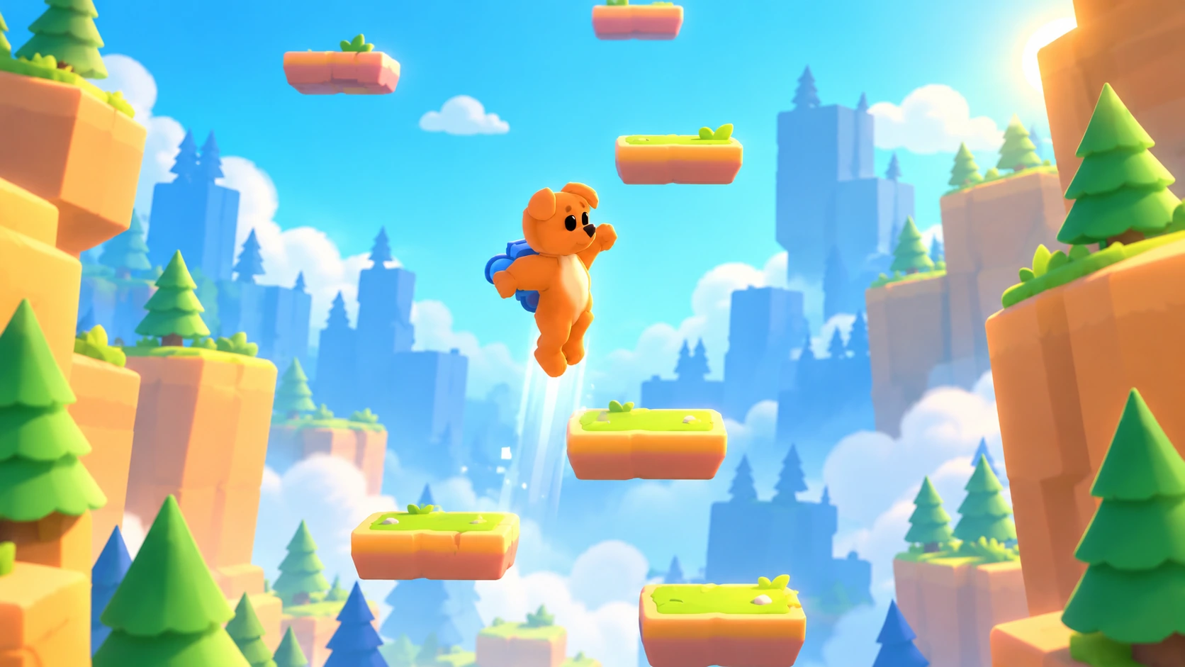 Slender orange Just Dog rising vertically through small green-topped floating platforms in a bright forest world