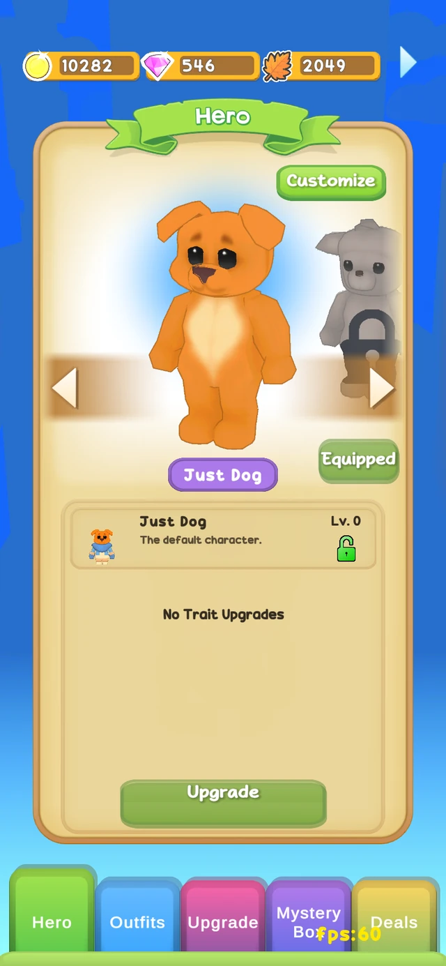 Just Dog character selection and customization screen