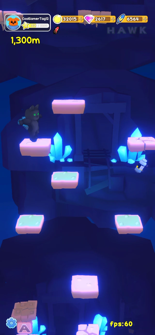 Black cat jumping between glowing platforms in a blue crystal cave