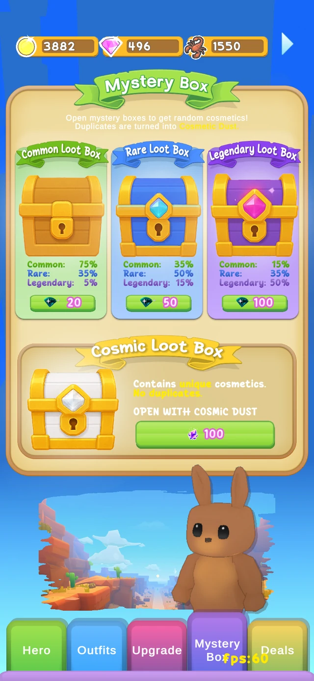 Mystery boxes and cosmetic rewards shown in Just Jump!