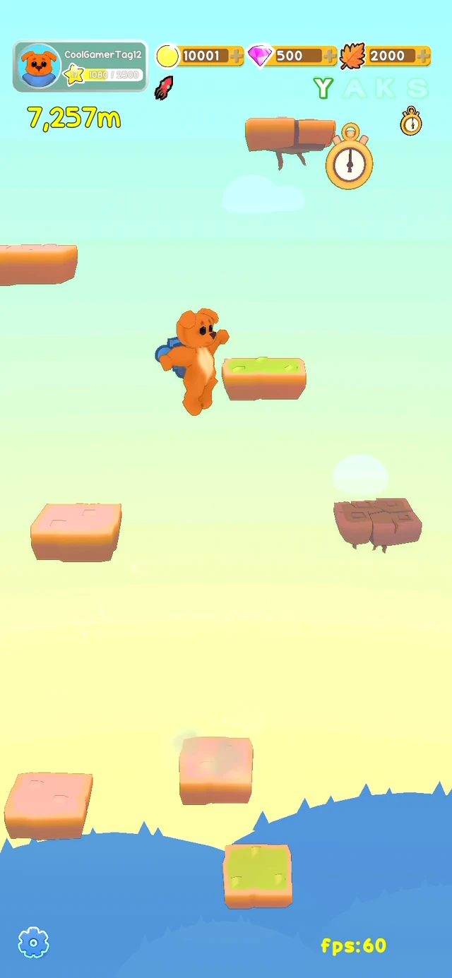 Just Dog jumping between floating platforms against a bright sky