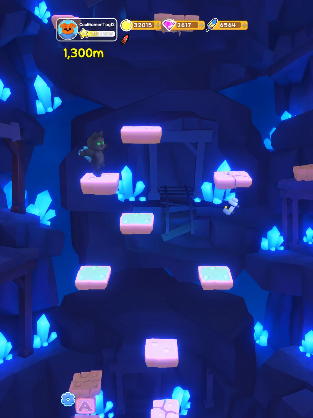 Portrait tablet gameplay visualization of Just Jump! crystal caves with the gray cat, adapted from the mobile development screenshot.