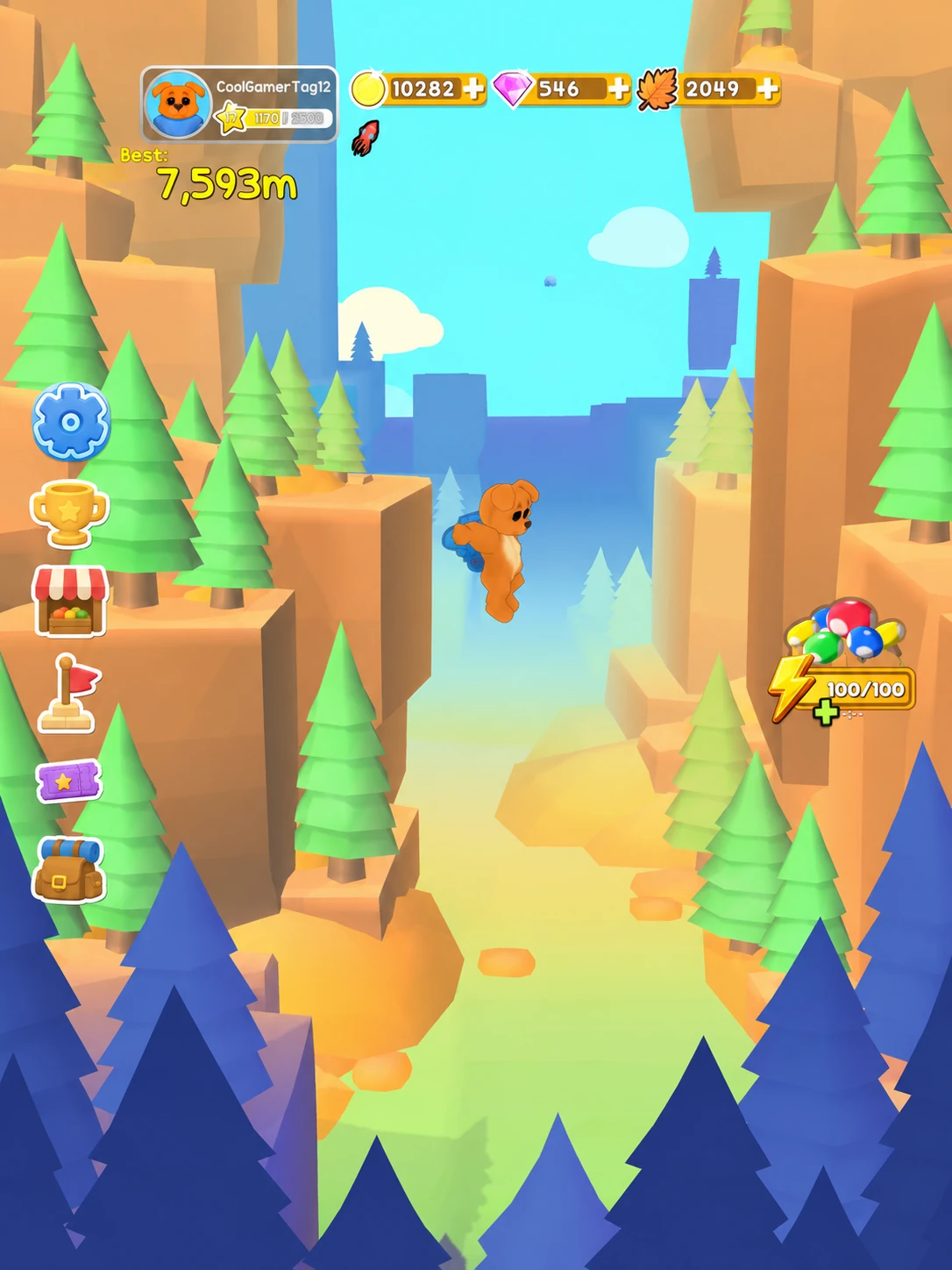 Portrait tablet gameplay visualization of Just Jump! sunlit cliffs with the orange puppy, adapted from the mobile development screenshot.